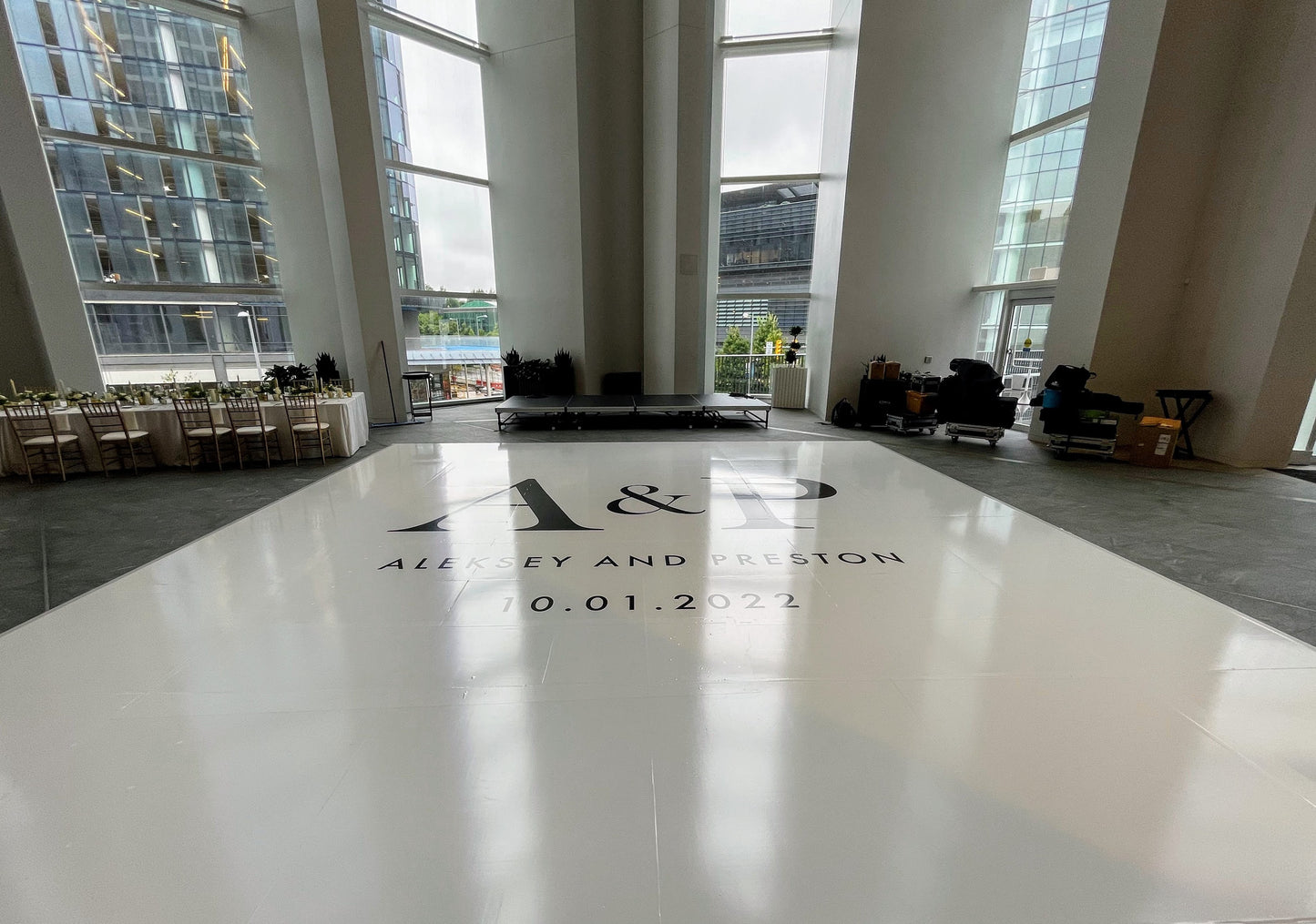 Custom Wedding Decal Dance Floor Wrap Gloss Removable Vinyl. Monogram Print and Vinyl to cover the entire dancefloor. Wedding logo design