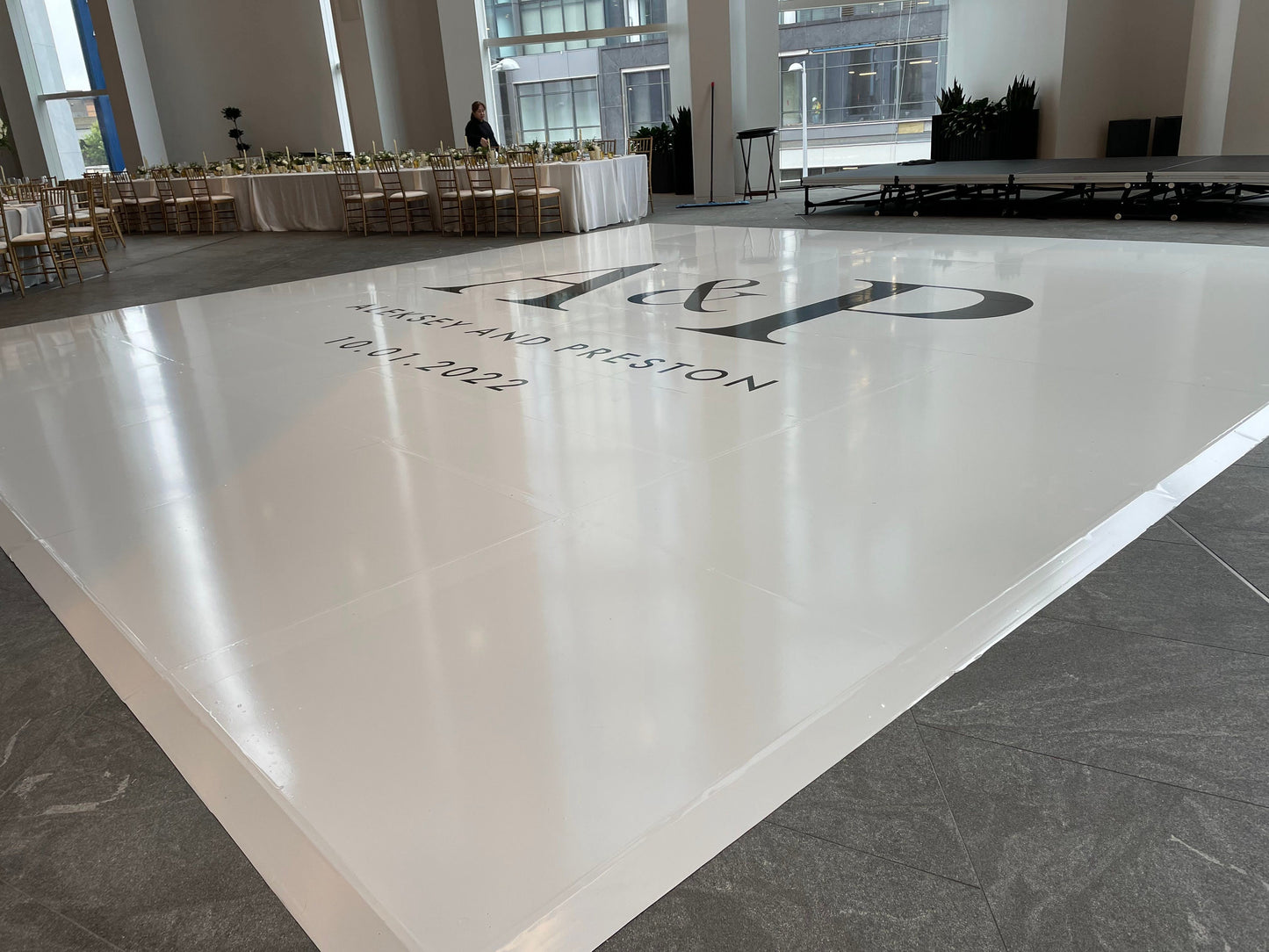 Custom Wedding Decal Dance Floor Wrap Gloss Removable Vinyl. Monogram Print and Vinyl to cover the entire dancefloor. Wedding logo design