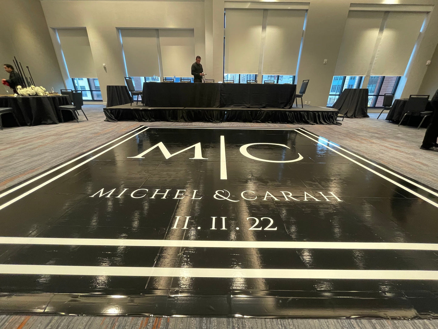 Custom Wedding Decal Dance Floor Wrap Gloss Removable Vinyl. Monogram Print and Vinyl to cover the entire dancefloor. Wedding logo design