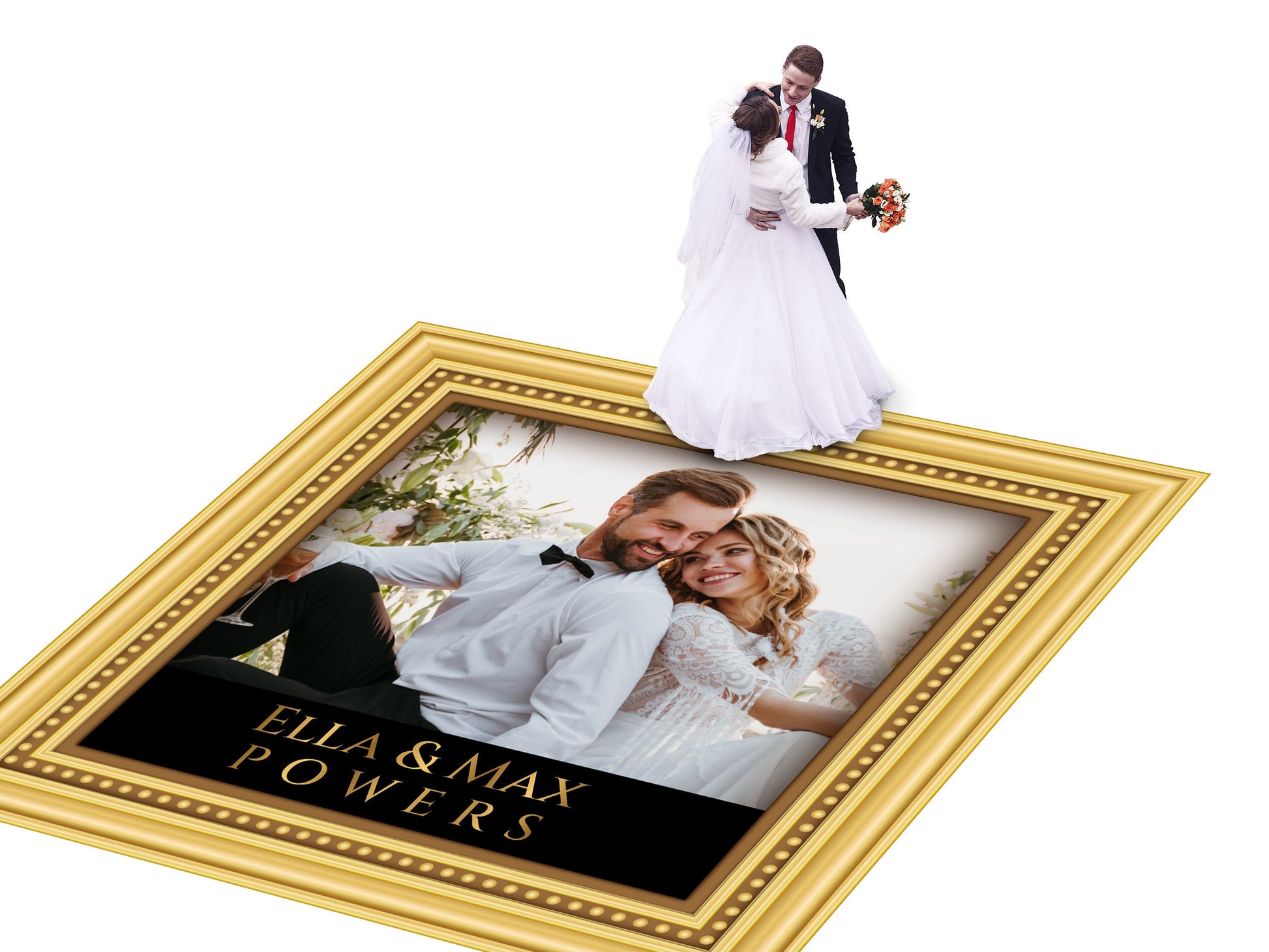 Super Unique Photo Frame Wedding Dance Floor Wrap Gloss Removable Vinyl. Print and Vinyl to cover the entire dancefloor. Wedding logo design