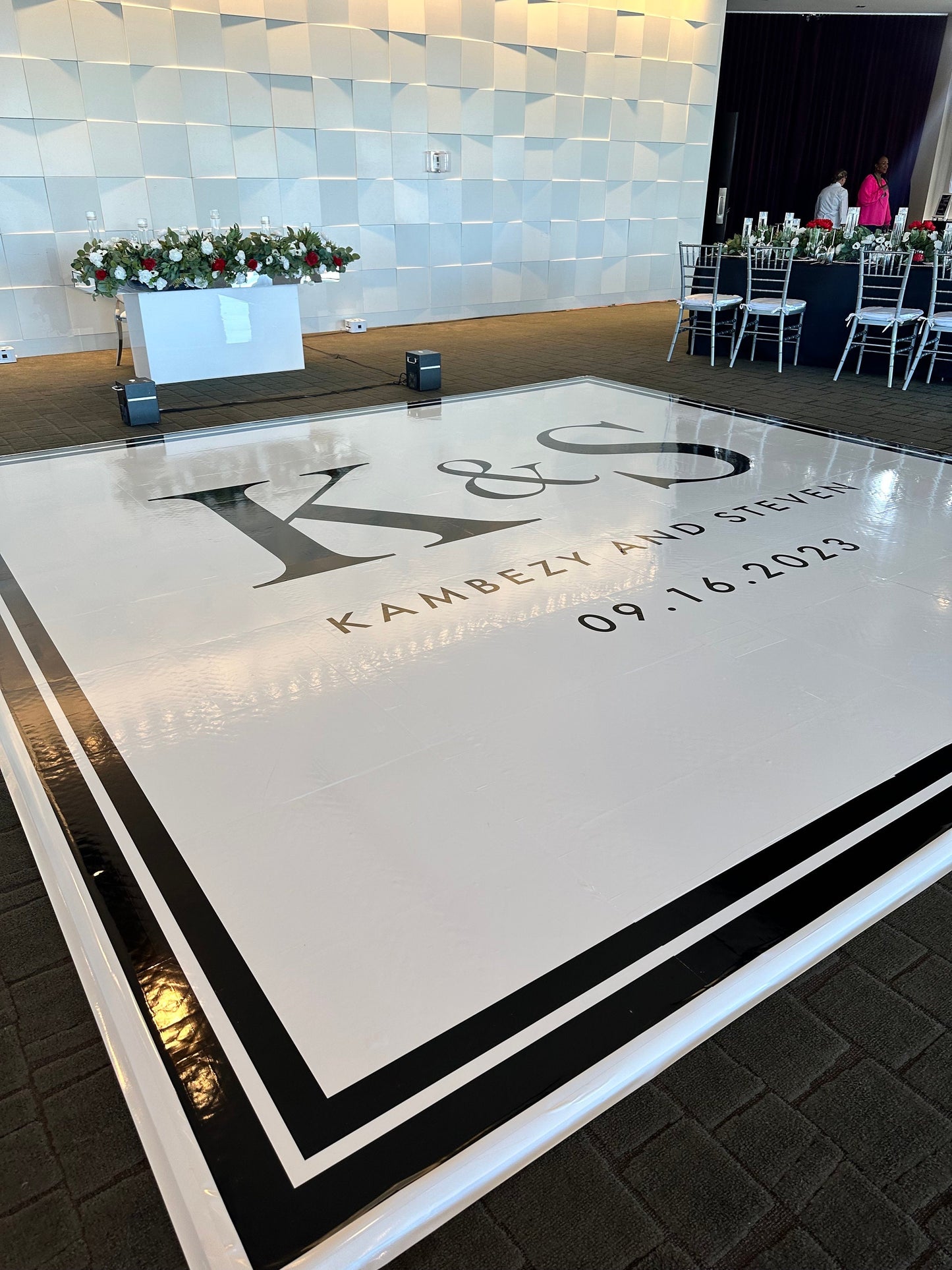 Custom Wedding Decal Dance Floor Wrap Gloss Removable Vinyl. Monogram Print and Vinyl to cover the entire dancefloor. Wedding logo design