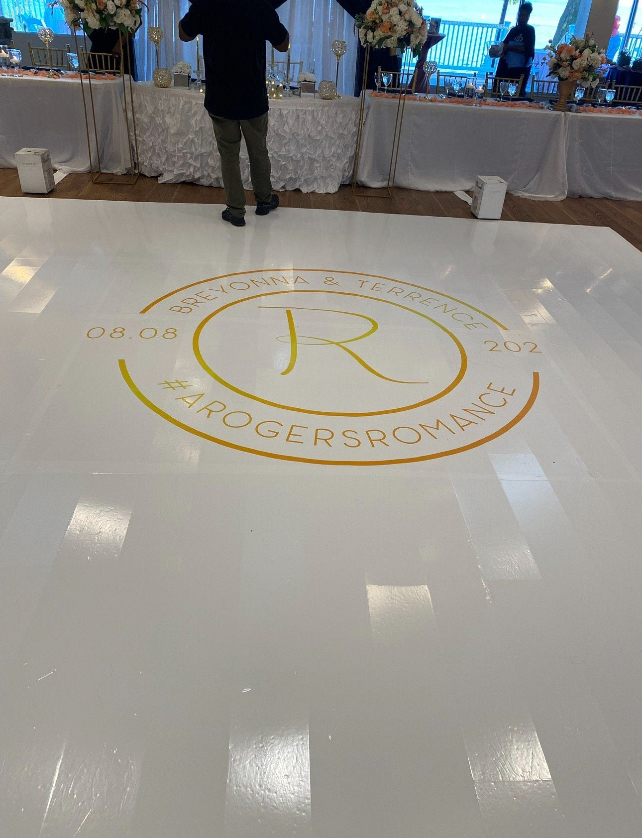 Custom Wedding Decal Dance Floor Wrap Gloss Removable Vinyl. Monogram Print and Vinyl to cover the entire dancefloor. Wedding logo design