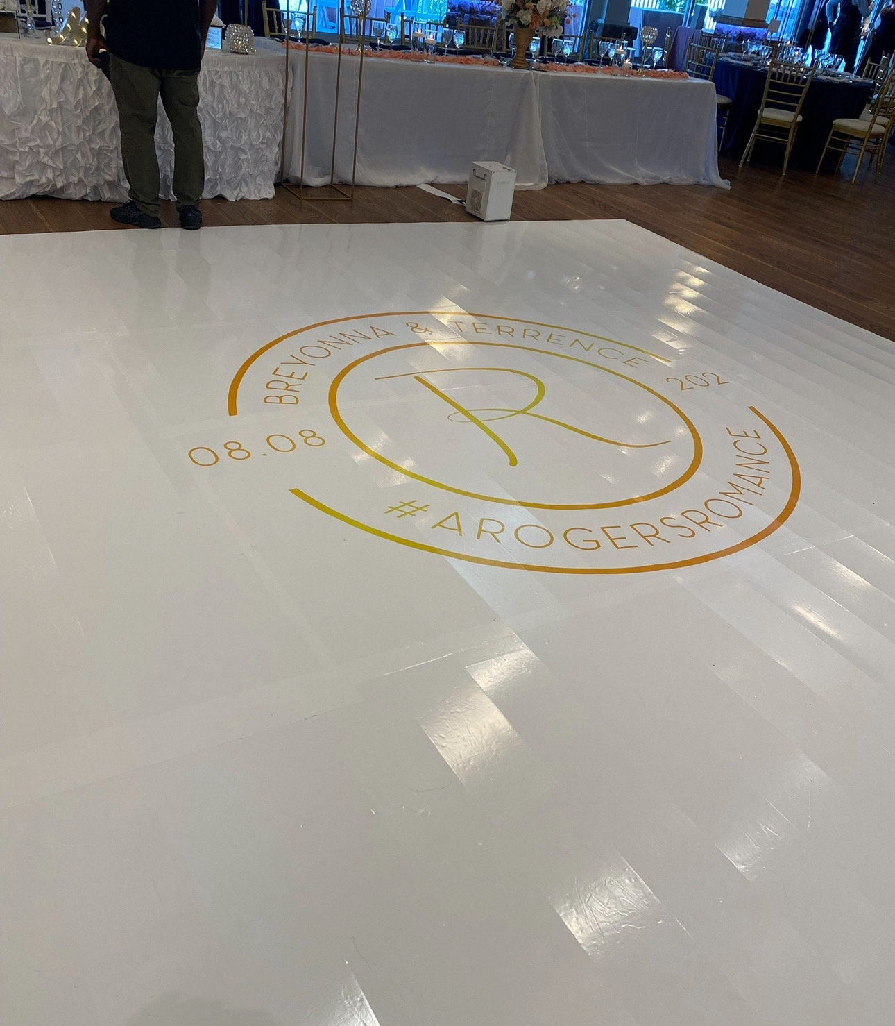 Custom Wedding Decal Dance Floor Wrap Gloss Removable Vinyl. Monogram Print and Vinyl to cover the entire dancefloor. Wedding logo design