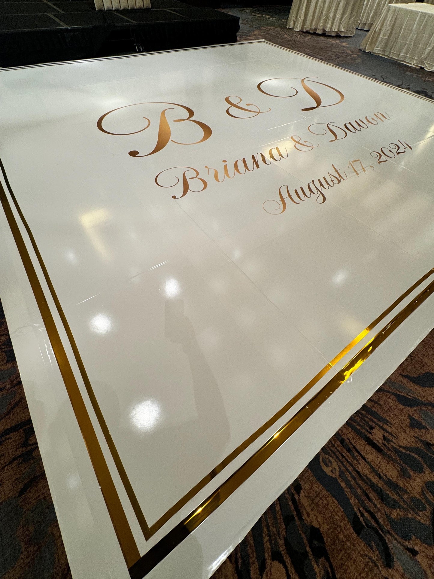Custom Wedding Decal Dance Floor Wrap Gloss Removable Vinyl. Monogram Print and Vinyl to cover the entire dancefloor. Wedding logo design