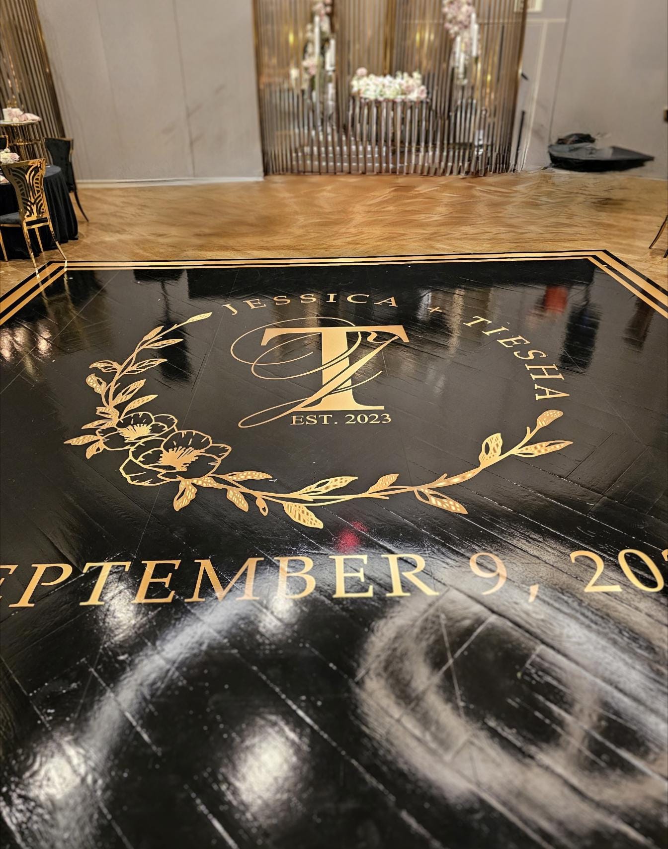 Custom Wedding Decal Dance Floor Wrap Gloss Removable Vinyl. Monogram Print and Vinyl to cover the entire dancefloor. Wedding logo design