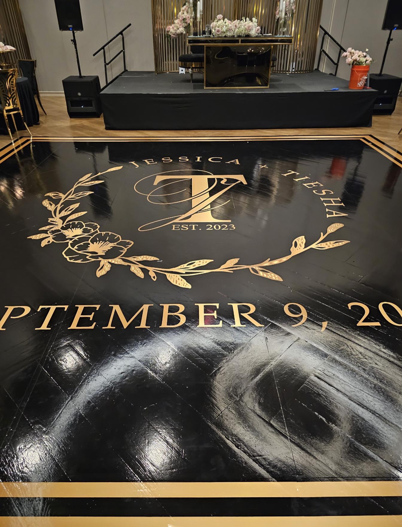 Custom Wedding Decal Dance Floor Wrap Gloss Removable Vinyl. Monogram Print and Vinyl to cover the entire dancefloor. Wedding logo design
