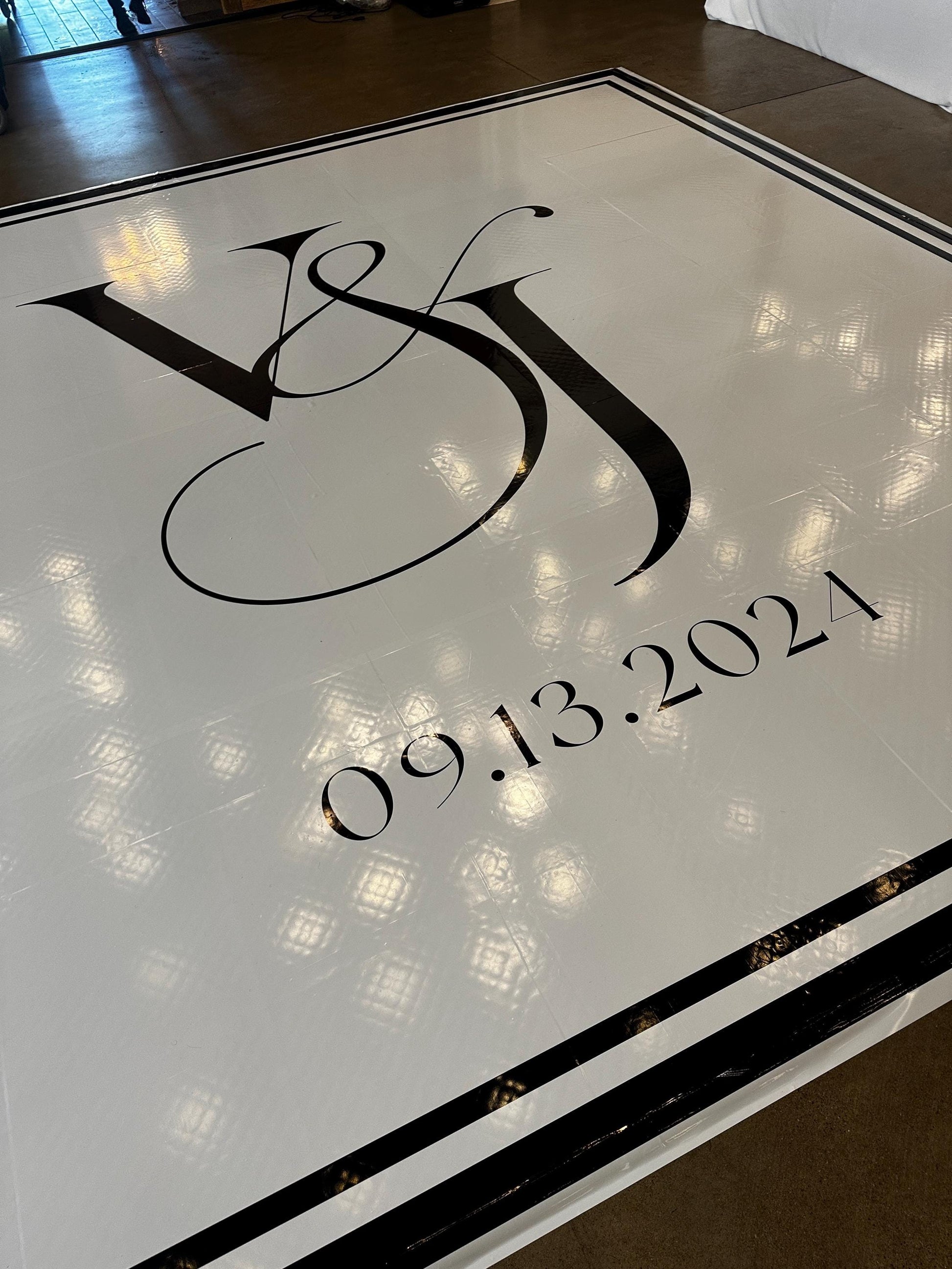 Custom Wedding Decal Dance Floor Wrap. Gloss Removable Vinyl. Monogram Print and Vinyl to cover your entire dancefloor. Wedding logo design.