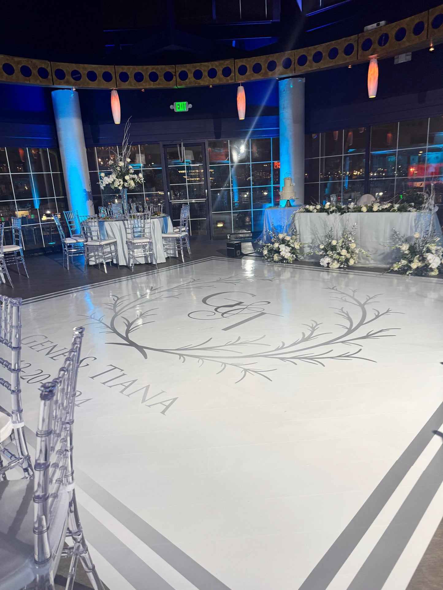 Custom Wedding Decal Dance Floor Wrap Gloss Removable Vinyl. Monogram Print and Vinyl to cover the entire dancefloor. Wedding logo design