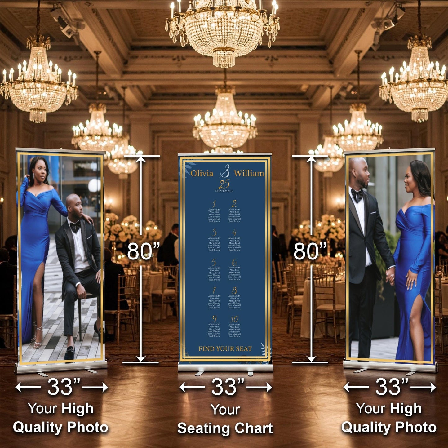 Three Customizable Photos & Wedding Seating Chart Retractable Banner, Event Photo Banners, Seating chart, Retractable Banner, Free Shipping.