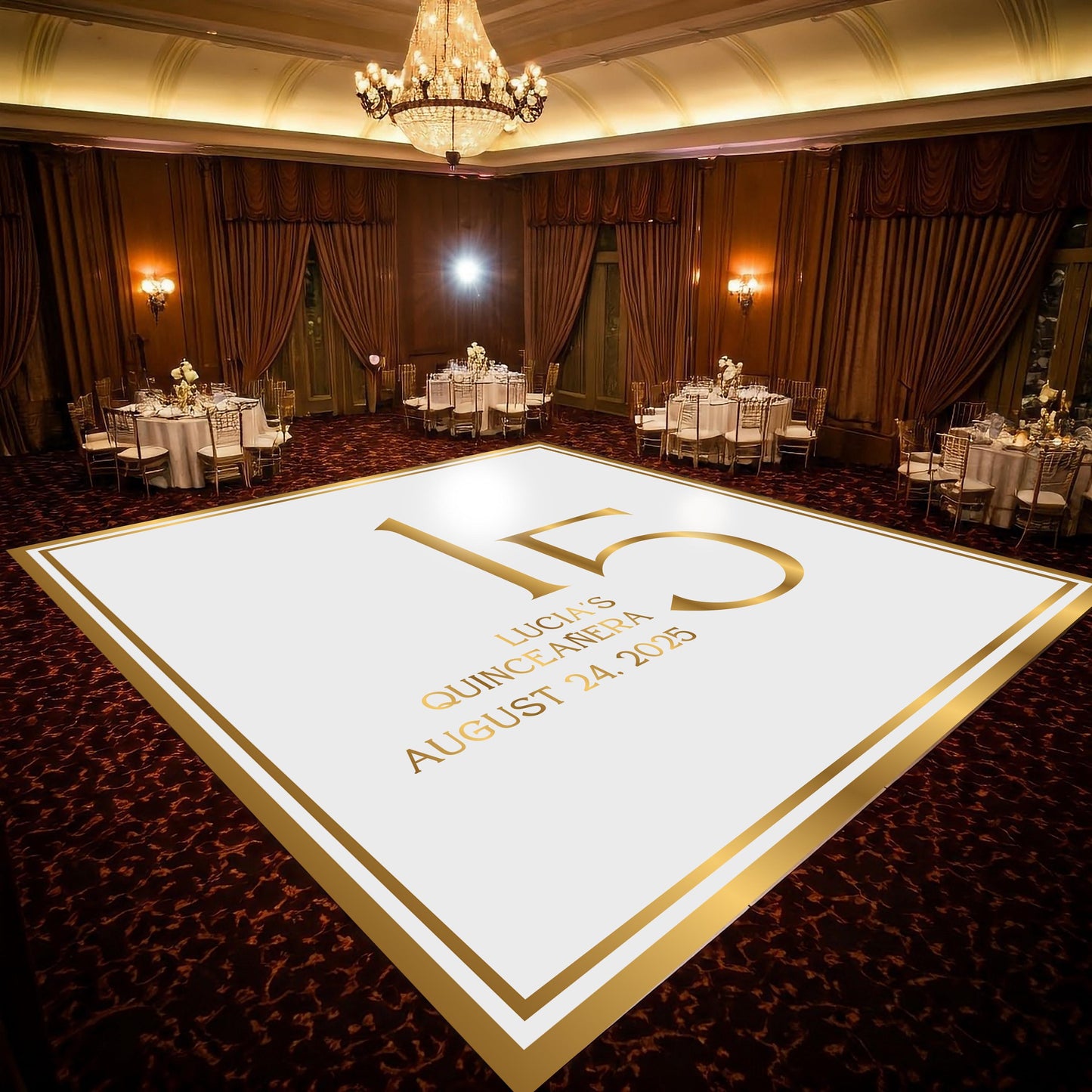 Customizable Quinceañera Decal Dance Floor Wrap. Removable Vinyl. Vinyl covers entire dancefloor. Mis Quince Años Floor Wrap. Free Ship