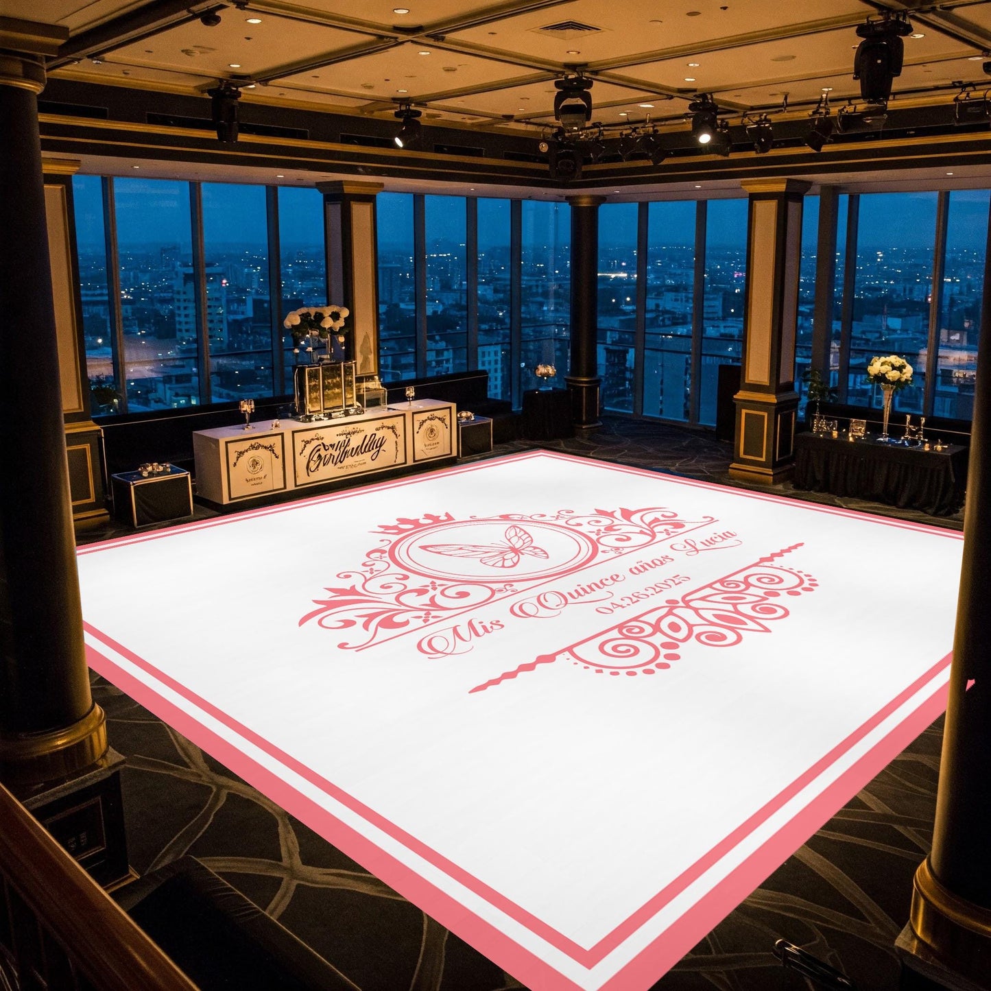 Customizable Quinceañera Decal Dance Floor Wrap. Removable Vinyl. Vinyl covers entire dancefloor. Mis Quince Años Floor Wrap. Free Ship