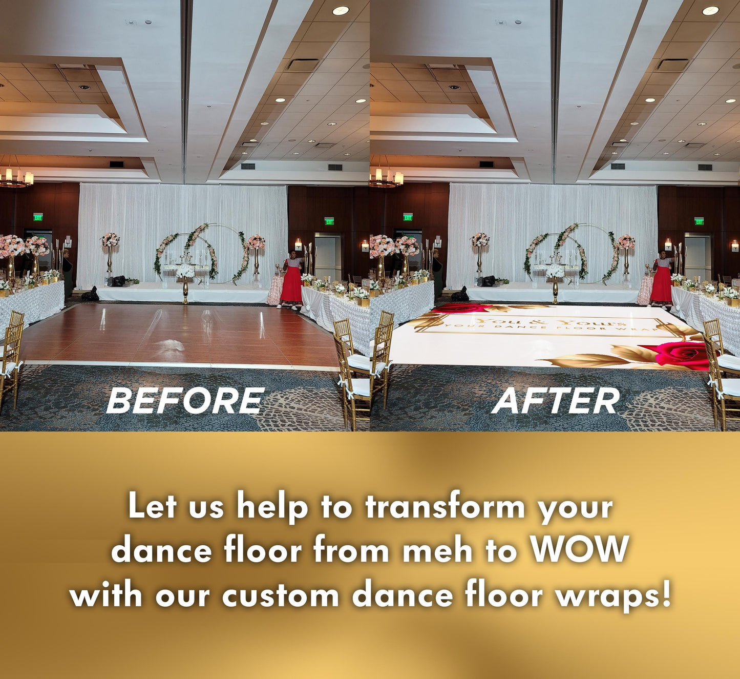 Circular Custom Wedding Decal Dance Floor Wrap. Gloss/Matte Removable Vinyl. Wedding Floor designs that cover the dancefloor. Free Shipping!