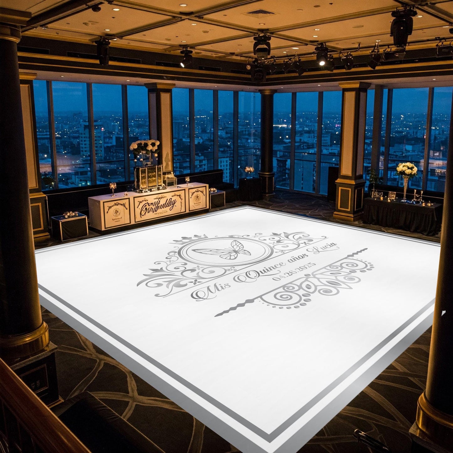 Customizable Quinceañera Decal Dance Floor Wrap. Removable Vinyl. Vinyl covers entire dancefloor. Mis Quince Años Floor Wrap. Free Ship