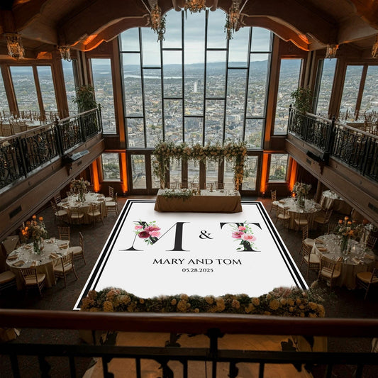 Custom Wedding Decal Dance Floor Wrap Gloss Removable Vinyl. Monogram Print and Vinyl to cover the entire dancefloor. Wedding logo design