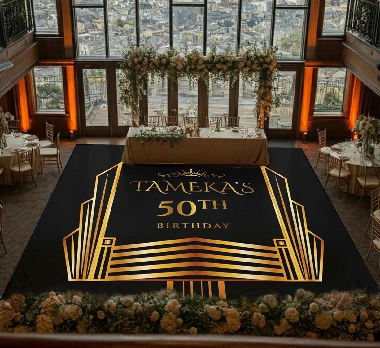 Customizable Great Gatsby Birthday Decal Dance Floor Wrap. Removable Vinyl. Covers entire dancefloor. Birthday Floor Wrap. Free Shipping