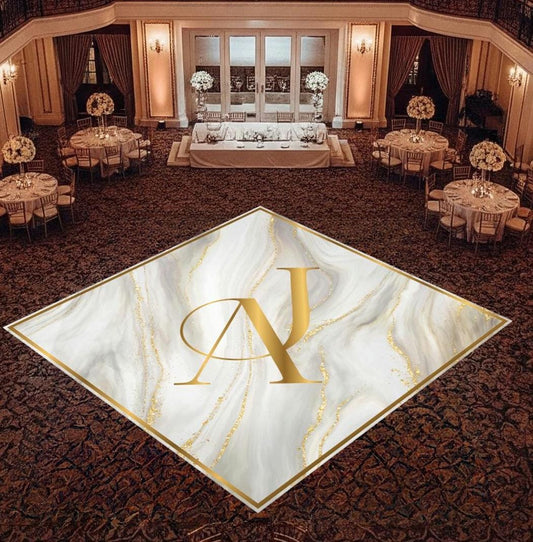 Custom Diamond Shaped Design Wedding Decal Dance Floor Wrap Gloss Removable Vinyl. Monogram Print & Vinyl to cover the entire dancefloor.