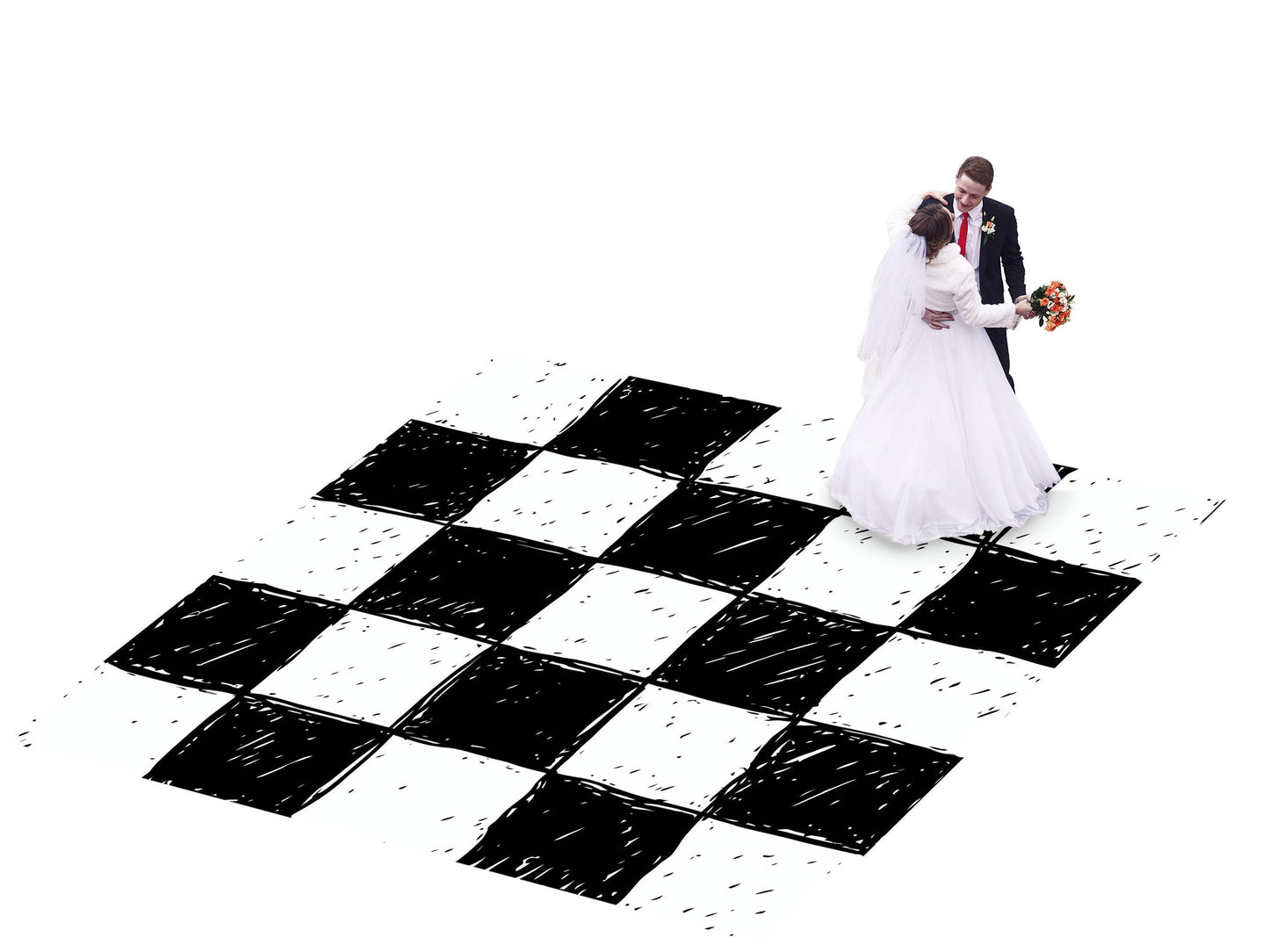 Hand-Drawn Black & White Checkerboard Wedding Dance Floor Wrap Removable Vinyl. Checkerboard design. Gloss/Matte. Event logo. Free shipping