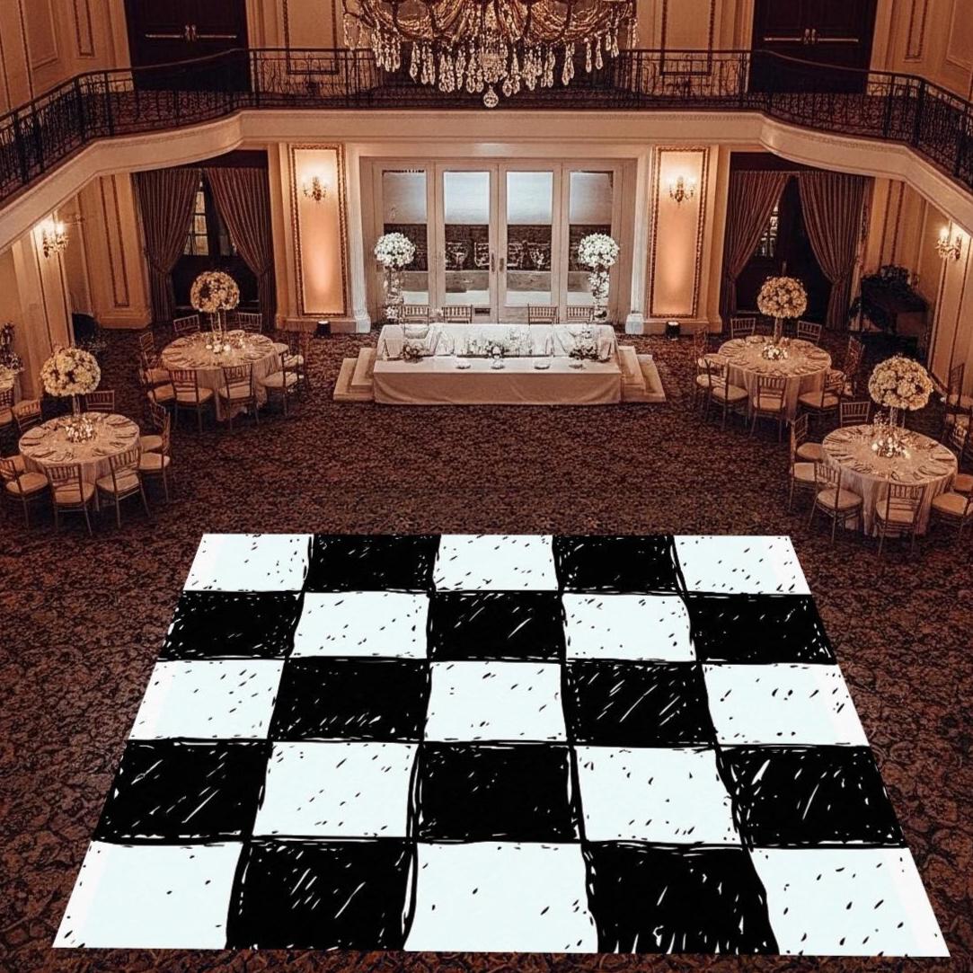 Hand-Drawn Black & White Checkerboard Wedding Dance Floor Wrap Removable Vinyl. Checkerboard design. Gloss/Matte. Event logo. Free shipping