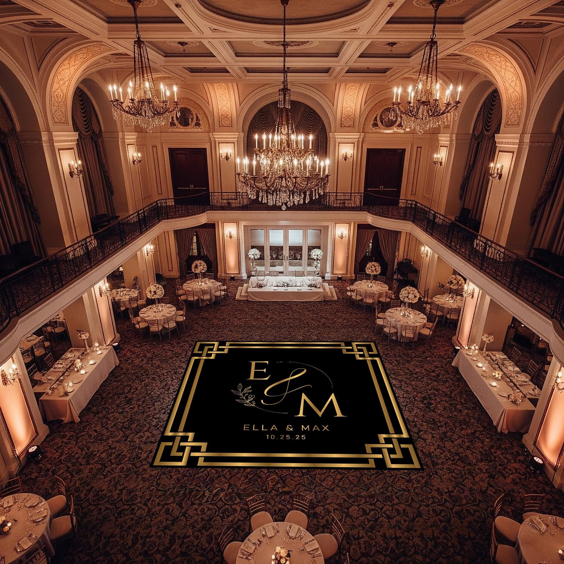 Custom Wedding Decal Dance Floor Wrap Gloss Removable Vinyl. Monogram Print and Vinyl to cover the entire dancefloor. Wedding logo design