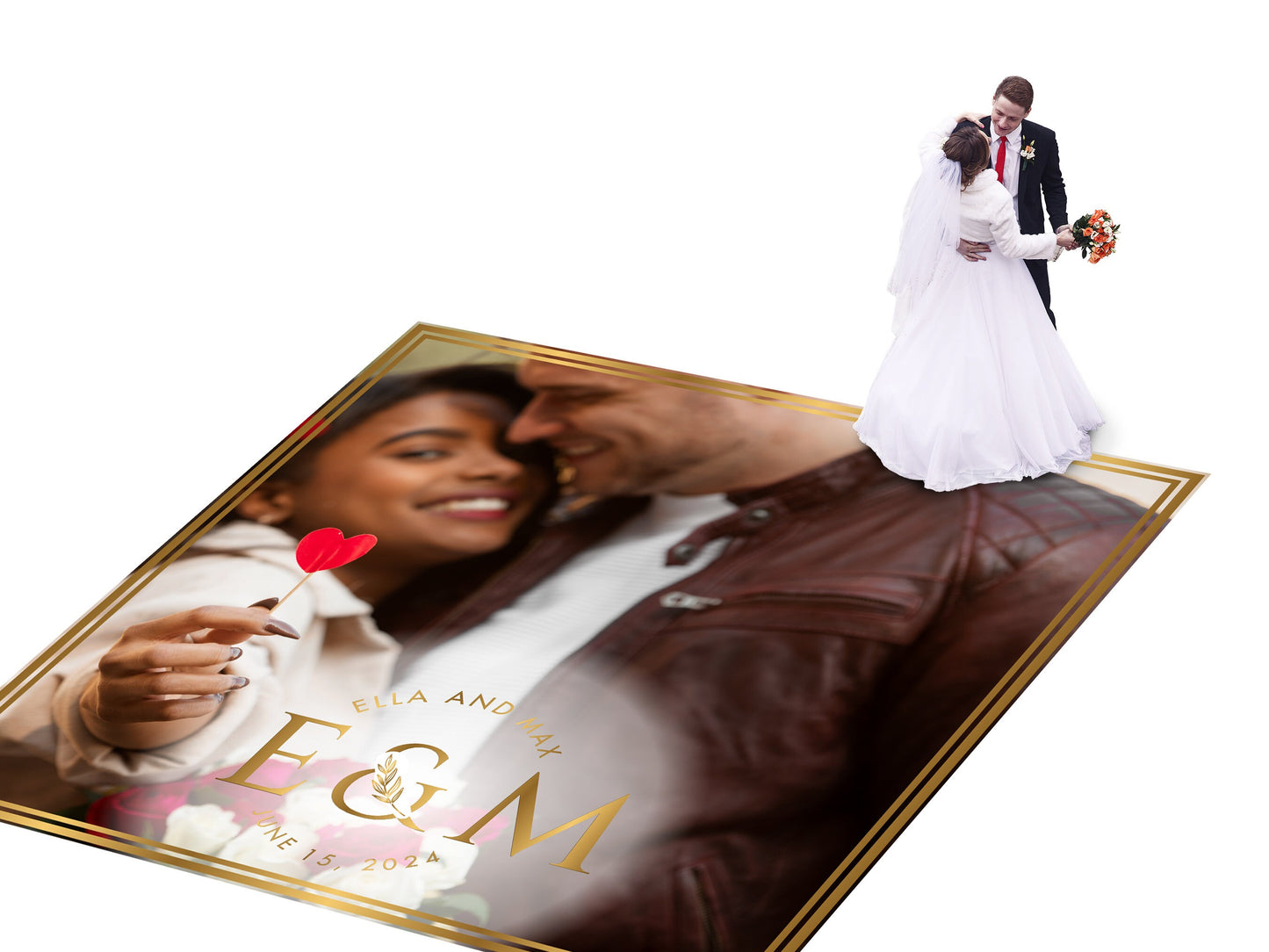 Super Unique Custom Wedding Photo Portrait Dance Floor Wrap Design. Removable Vinyl. Floor Wrap Print to cover the dancefloor. Wedding logo