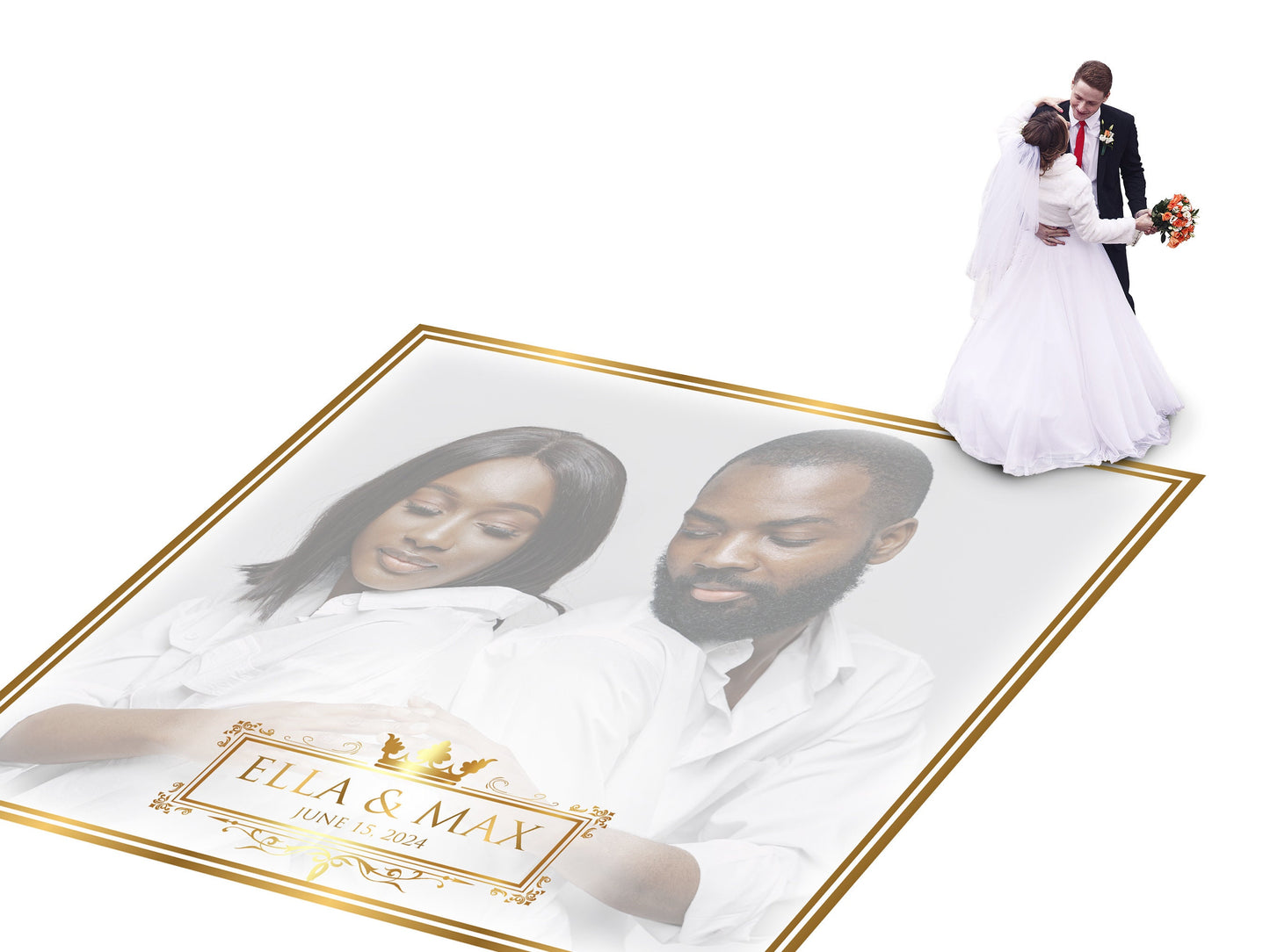 Super Unique Custom Wedding Photo Portrait Dance Floor Wrap Design. Removable Vinyl. Floor Wrap Print to cover the dancefloor. Wedding logo