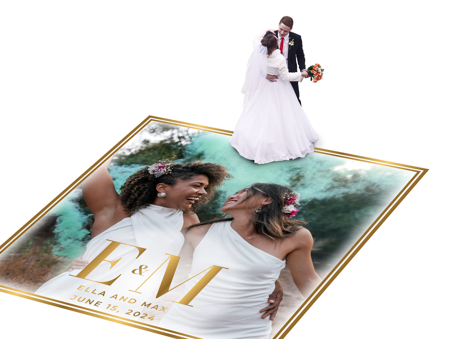 Super Unique Custom Wedding Photo Portrait Dance Floor Wrap Design. Removable Vinyl. Floor Wrap Print to cover the dancefloor. Wedding logo