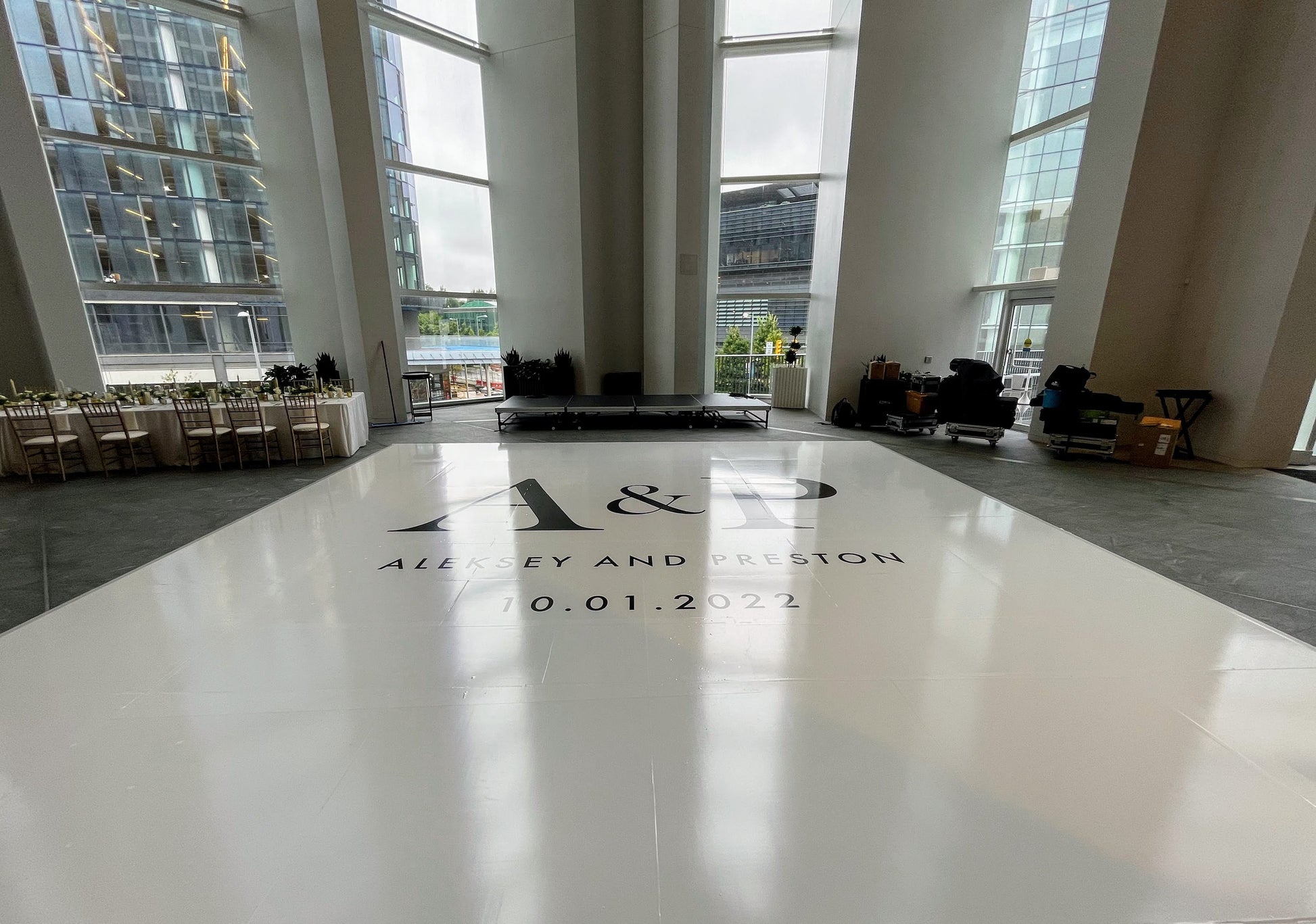Custom Wedding Decal Dance Floor Wrap Gloss Removable Vinyl. Monogram Print and Vinyl to cover the entire dancefloor. Wedding logo design