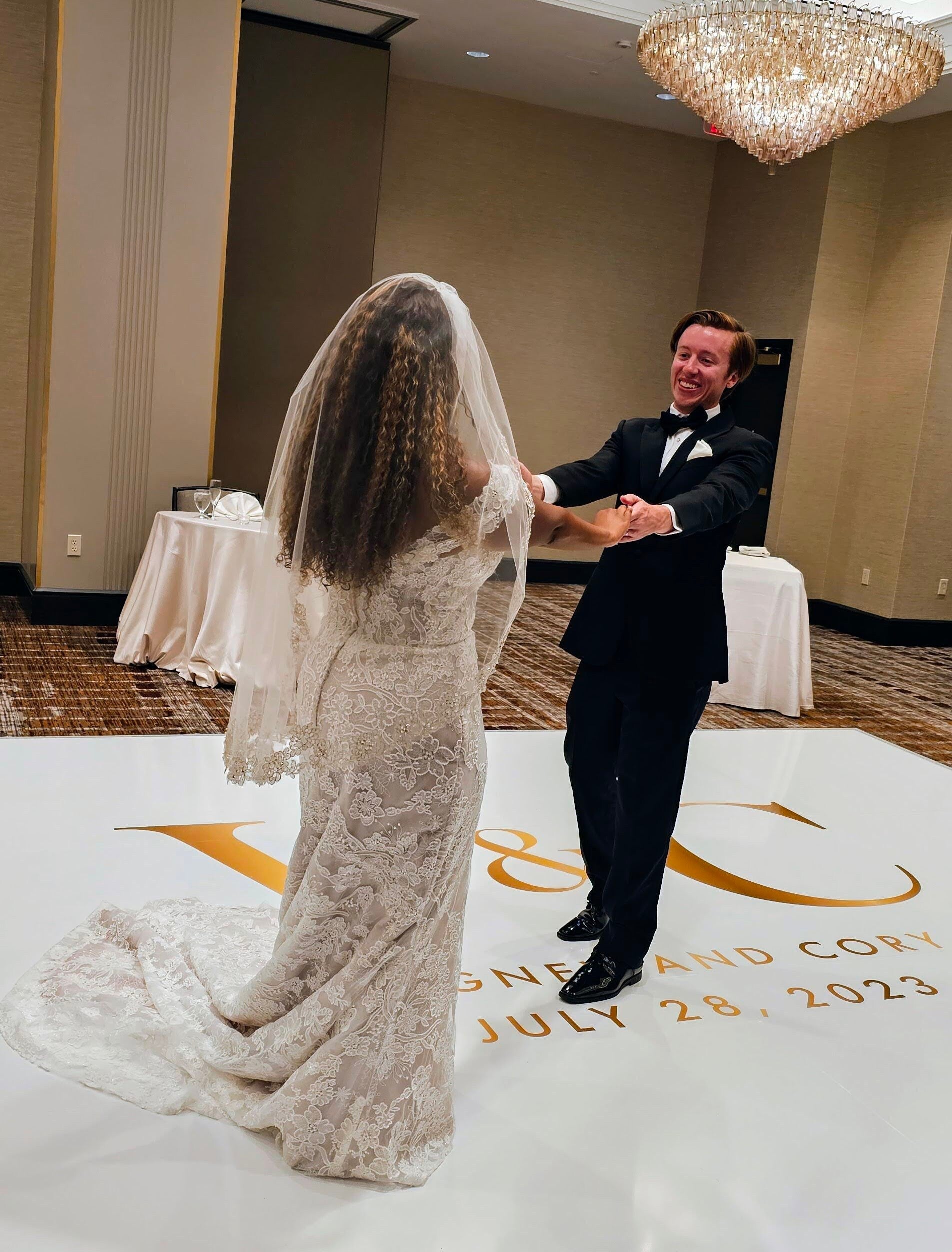 Custom Wedding Decal Dance Floor Wrap Gloss Removable Vinyl. Monogram Print and Vinyl to cover the entire dancefloor. Wedding logo design
