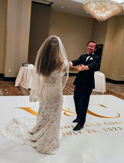 Custom Wedding Decal Dance Floor Wrap Gloss Removable Vinyl. Monogram Print and Vinyl to cover the entire dancefloor. Wedding logo design