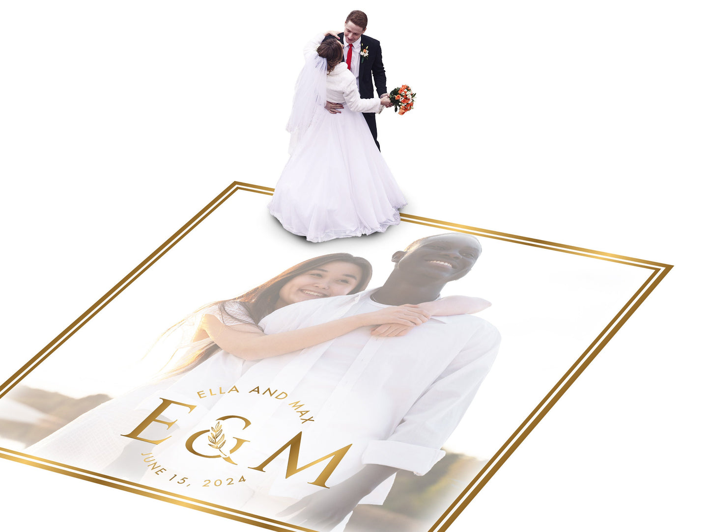 Super Unique Custom Wedding Photo Portrait Dance Floor Wrap Design. Removable Vinyl. Floor Wrap Print to cover the dancefloor. Wedding logo