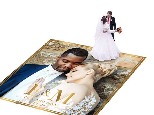 Super Unique Custom Wedding Photo Portrait Dance Floor Wrap Design. Removable Vinyl. Floor Wrap Print to cover the dancefloor. Wedding logo