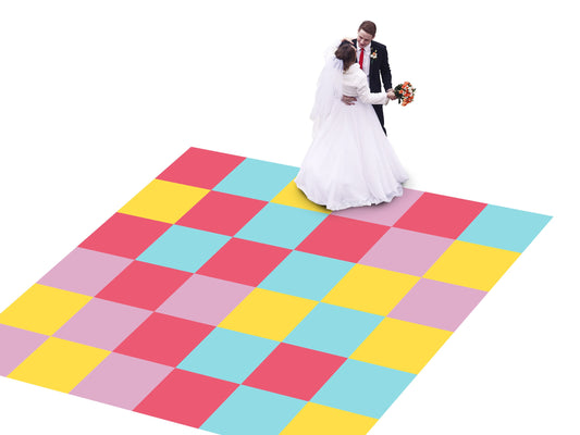 Multi Colored Checkerboard Decal Dance Floor Wrap Gloss Removable Vinyl. Print and vinyl will cover the entire dance floor. Wedding logo.