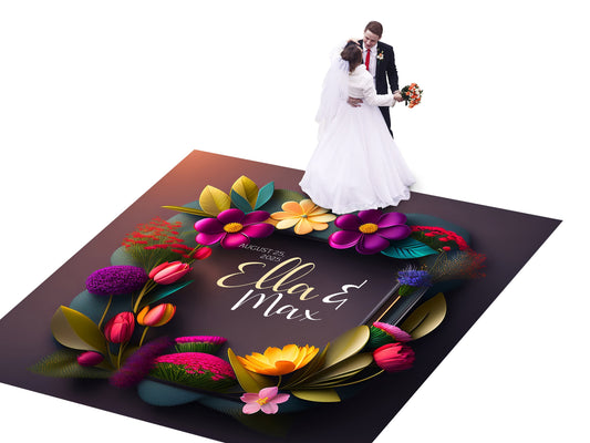 Quirky Fun Custom Wedding Decal Dance Floor Wrap. Gloss Removable Vinyl Monogram Print and Vinyl to cover the dancefloor. 3D Logo Design.