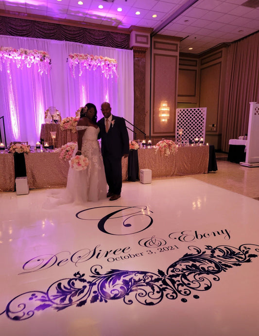 Custom Wedding Decal Dance Floor Wrap Gloss Removable Vinyl. Monogram Print and Vinyl to cover the entire dancefloor. Wedding logo design
