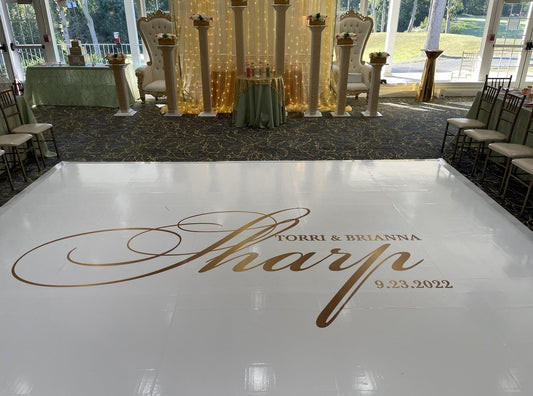 Custom Wedding Decal Dance Floor Wrap Gloss Removable Vinyl. Monogram Print and Vinyl to cover the entire dancefloor. Wedding logo design