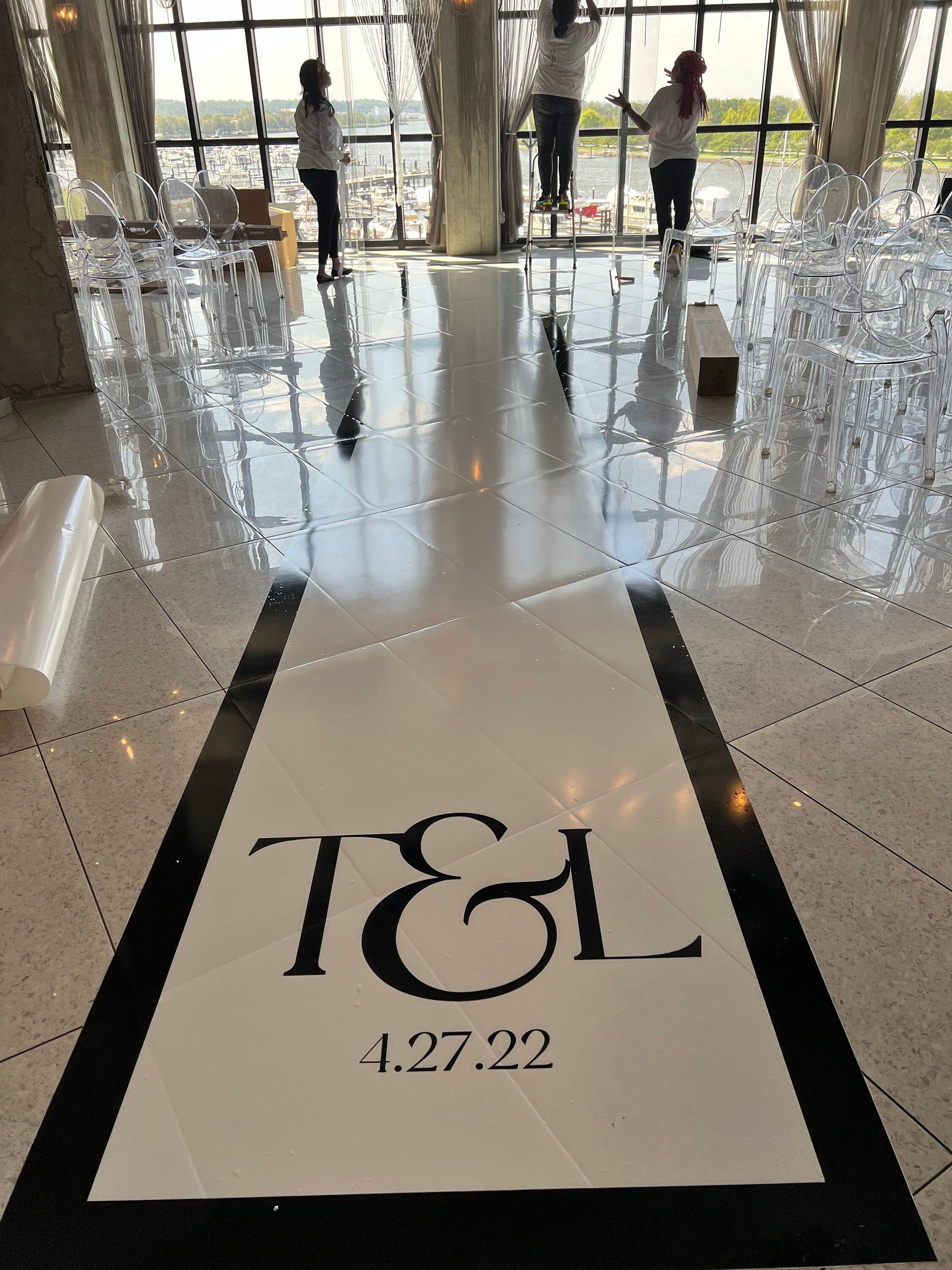 Custom Wedding Decal Dance Floor Wrap Gloss Removable Vinyl. Monogram Print and Vinyl to cover the entire dancefloor. Wedding logo design
