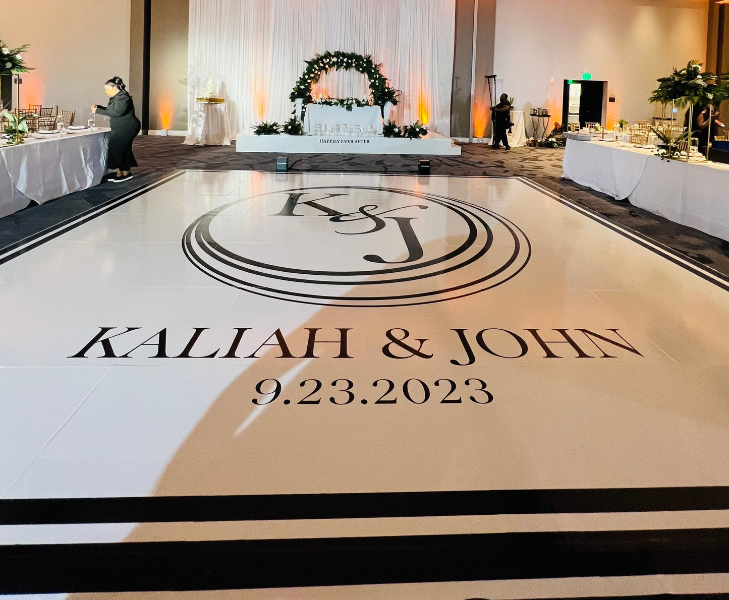 Custom Wedding Decal Dance Floor Wrap Gloss Removable Vinyl. Monogram Print and Vinyl to cover the entire dancefloor. Wedding logo design