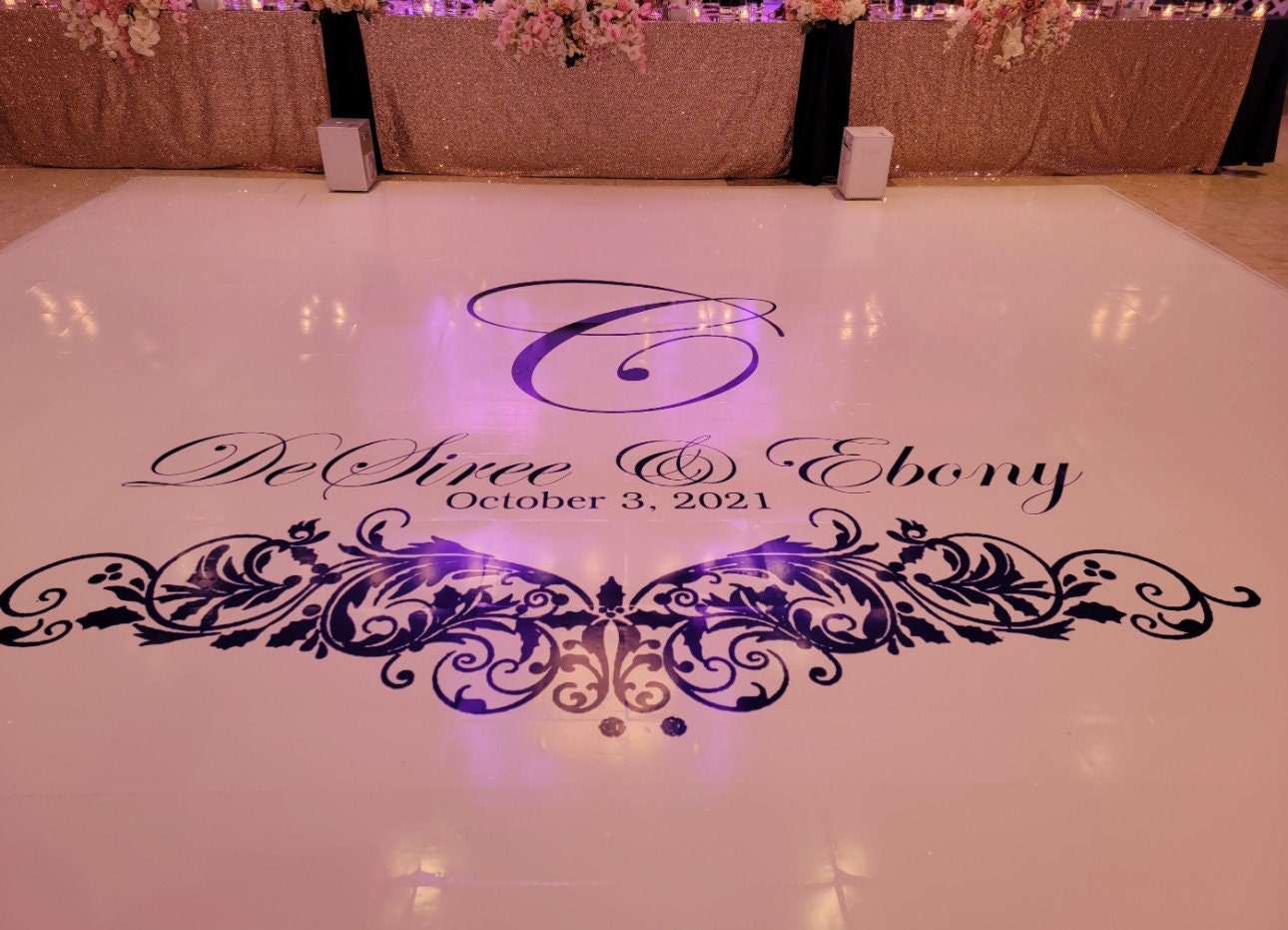 Custom Wedding Decal Dance Floor Wrap Gloss Removable Vinyl. Monogram Print and Vinyl to cover the entire dancefloor. Wedding logo design