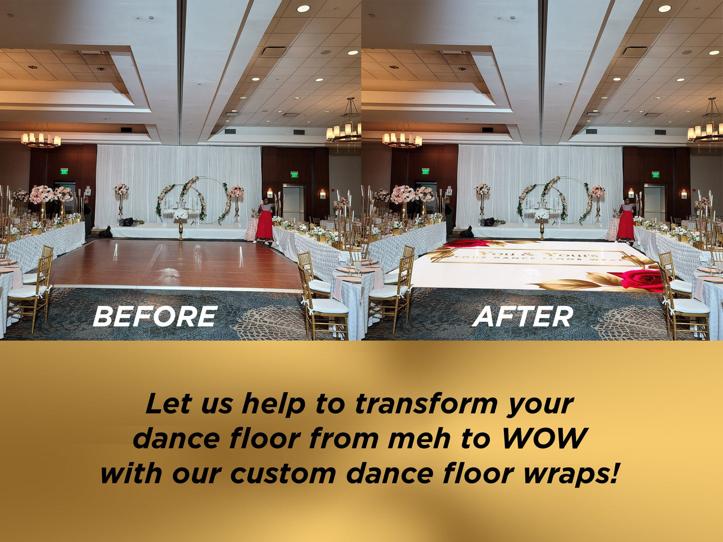 Super Unique Custom Wedding Photo Portrait Dance Floor Wrap Design. Removable Vinyl. Floor Wrap Print to cover the dancefloor. Wedding logo