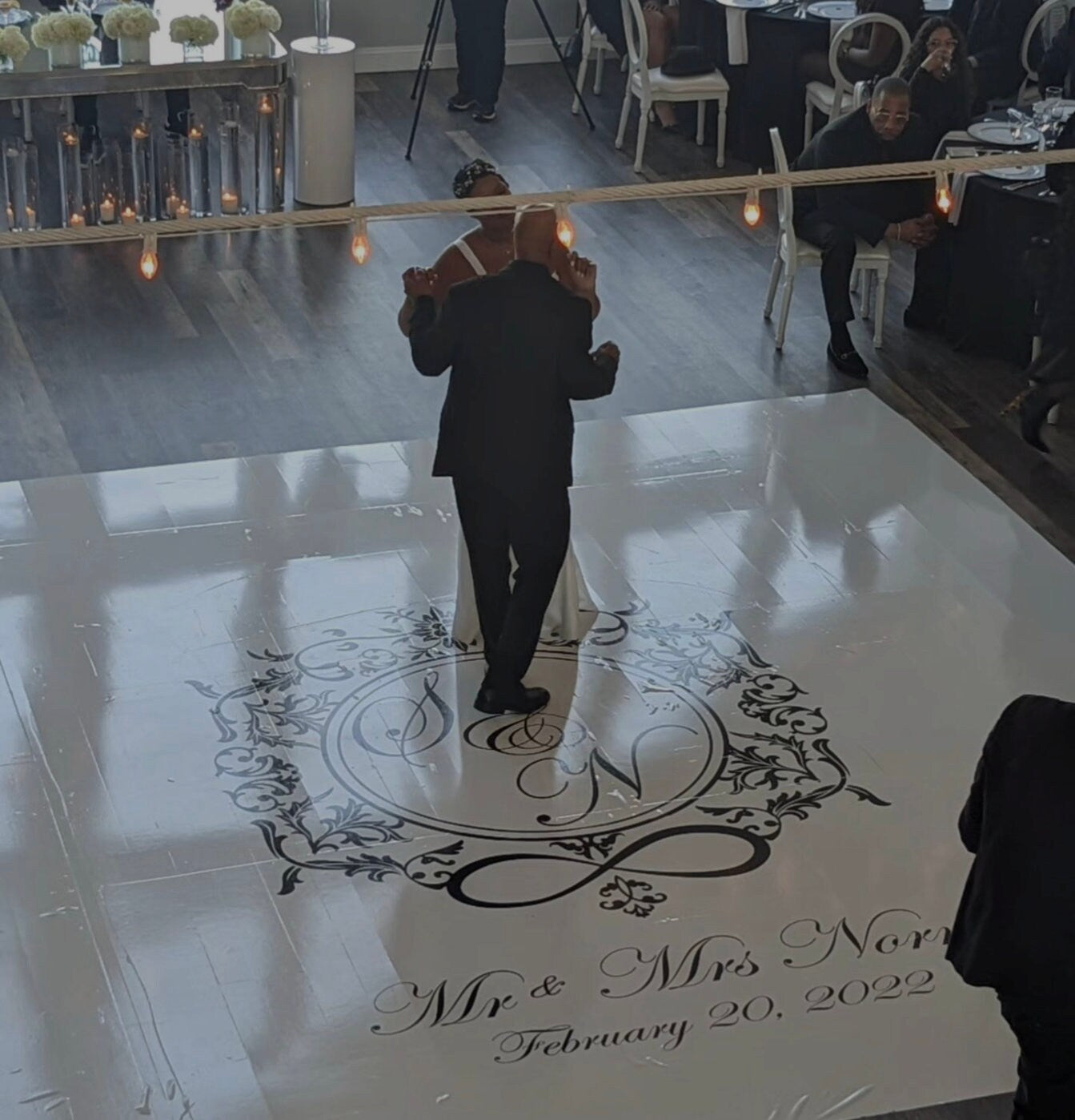 Custom Wedding Decal Dance Floor Wrap Gloss Removable Vinyl. Monogram Print and Vinyl to cover the entire dancefloor. Wedding logo design