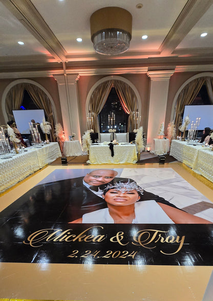Super Unique Custom Wedding Photo Portrait Dance Floor Wrap Design. Removable Vinyl. Floor Wrap Print to cover the dancefloor. Wedding logo