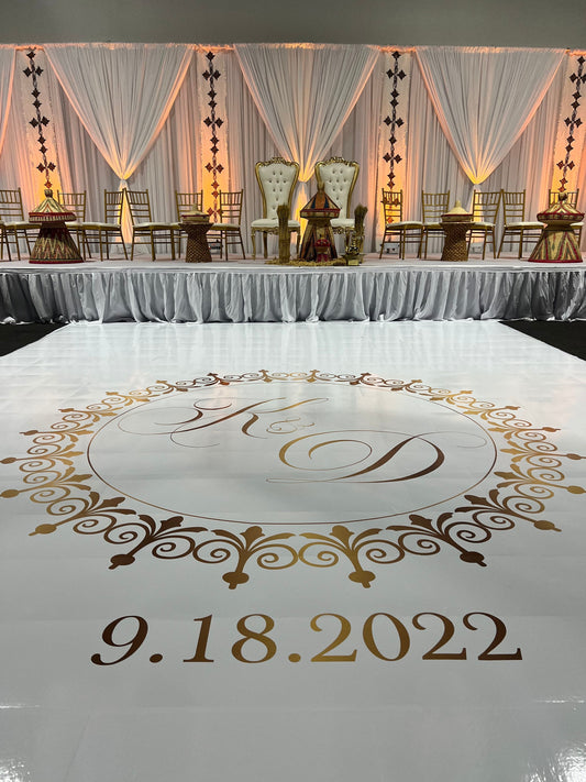 Custom Wedding Decal Dance Floor Wrap Gloss Removable Vinyl. Monogram Print and Vinyl to cover the entire dancefloor. Wedding logo design