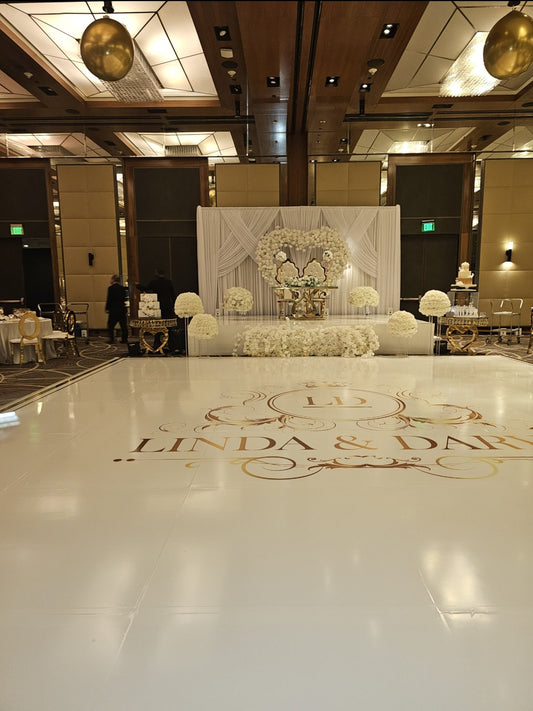 Custom Wedding Decal Dance Floor Wrap Gloss Removable Vinyl. Monogram Print and Vinyl to cover the entire dancefloor. Wedding logo design