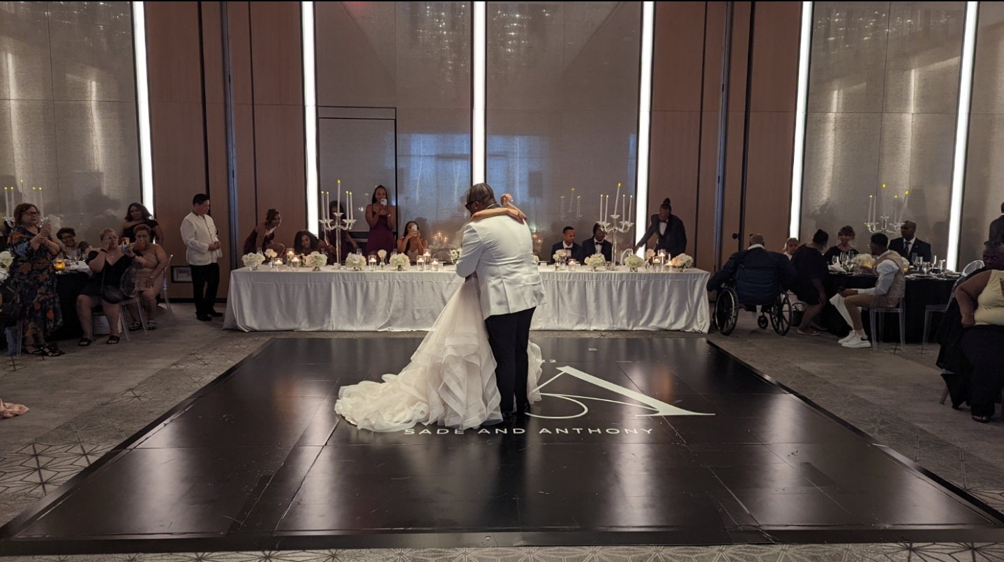 Custom Wedding Decal Dance Floor Wrap Gloss Removable Vinyl. Monogram Print and Vinyl to cover the entire dancefloor. Wedding logo design