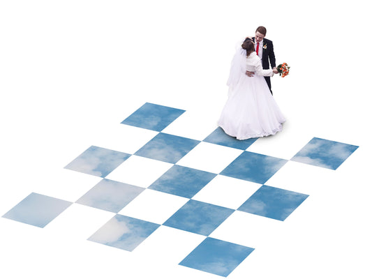 Custom Wedding Decal Dance Floor Wrap Gloss Removable Vinyl. Unique sky cloud floor design. Checkerboard design. Wedding logo. Free shipping