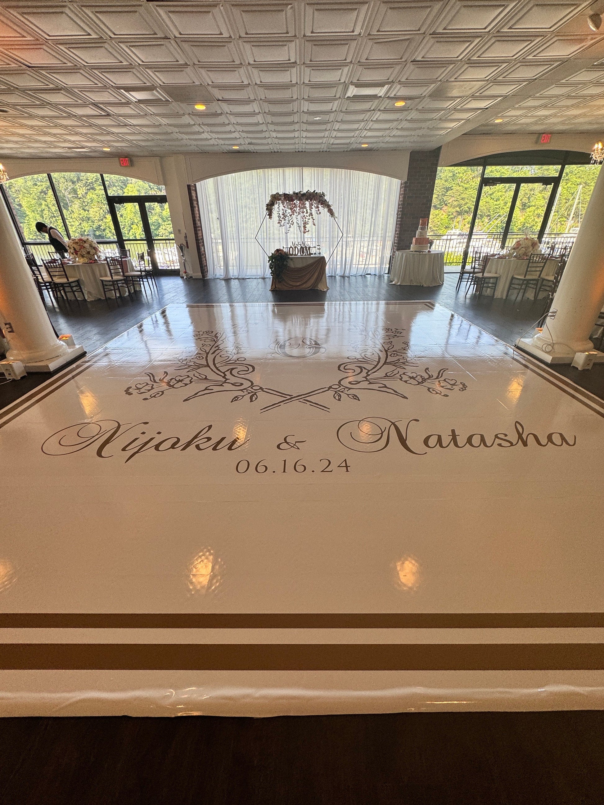 Custom Wedding Decal Dance Floor Wrap Gloss Removable Vinyl. Monogram Print and Vinyl to cover the entire dancefloor. Wedding logo design