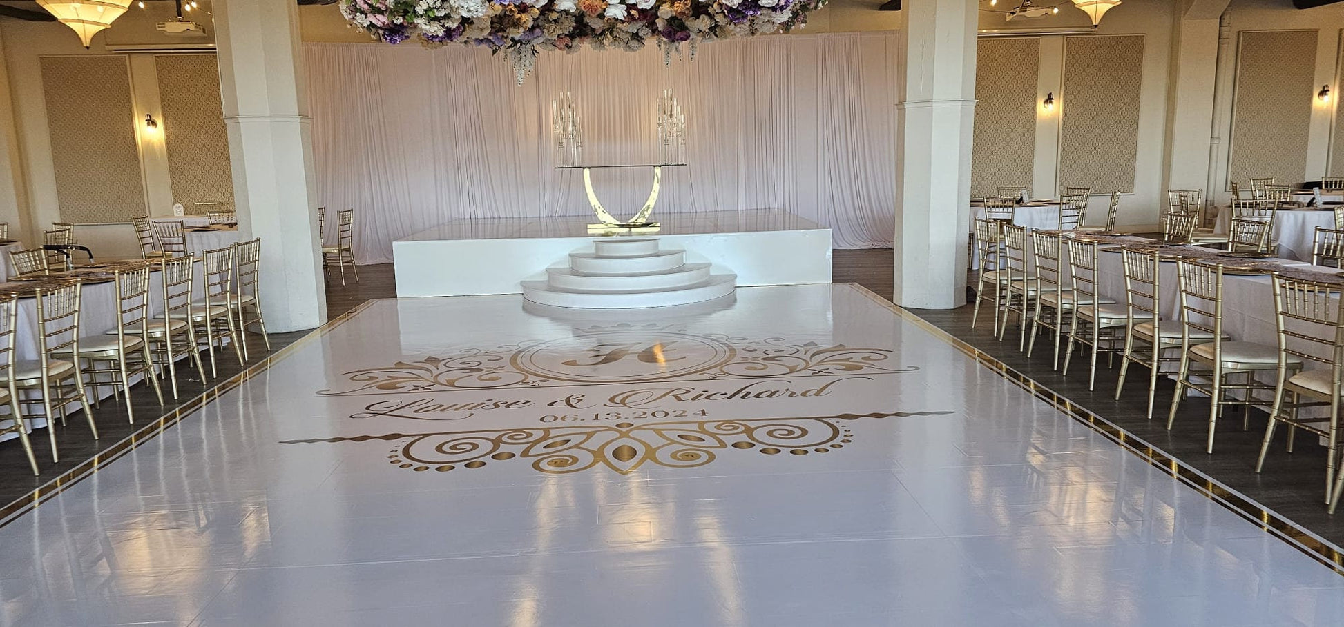 Custom Wedding Decal Dance Floor Wrap Gloss Removable Vinyl. Monogram Print and Vinyl to cover the entire dancefloor. Wedding logo design