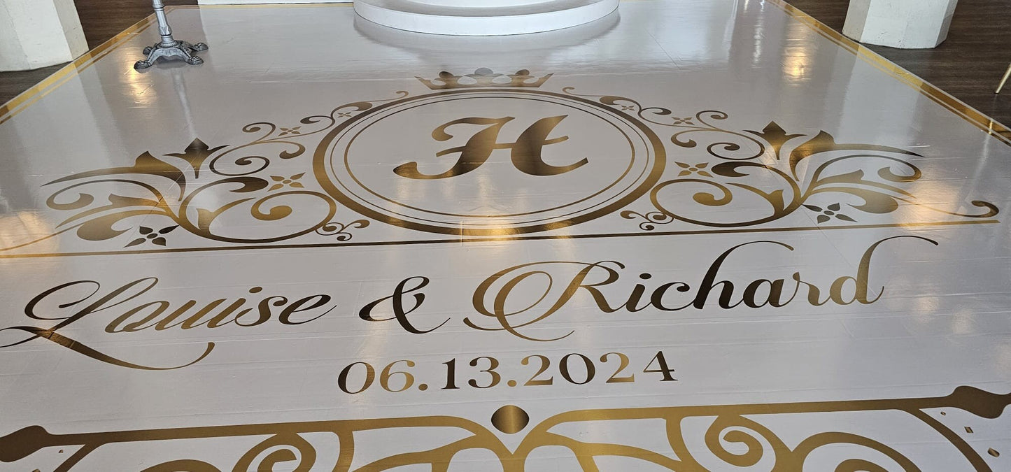 Custom Wedding Decal Dance Floor Wrap Gloss Removable Vinyl. Monogram Print and Vinyl to cover the entire dancefloor. Wedding logo design