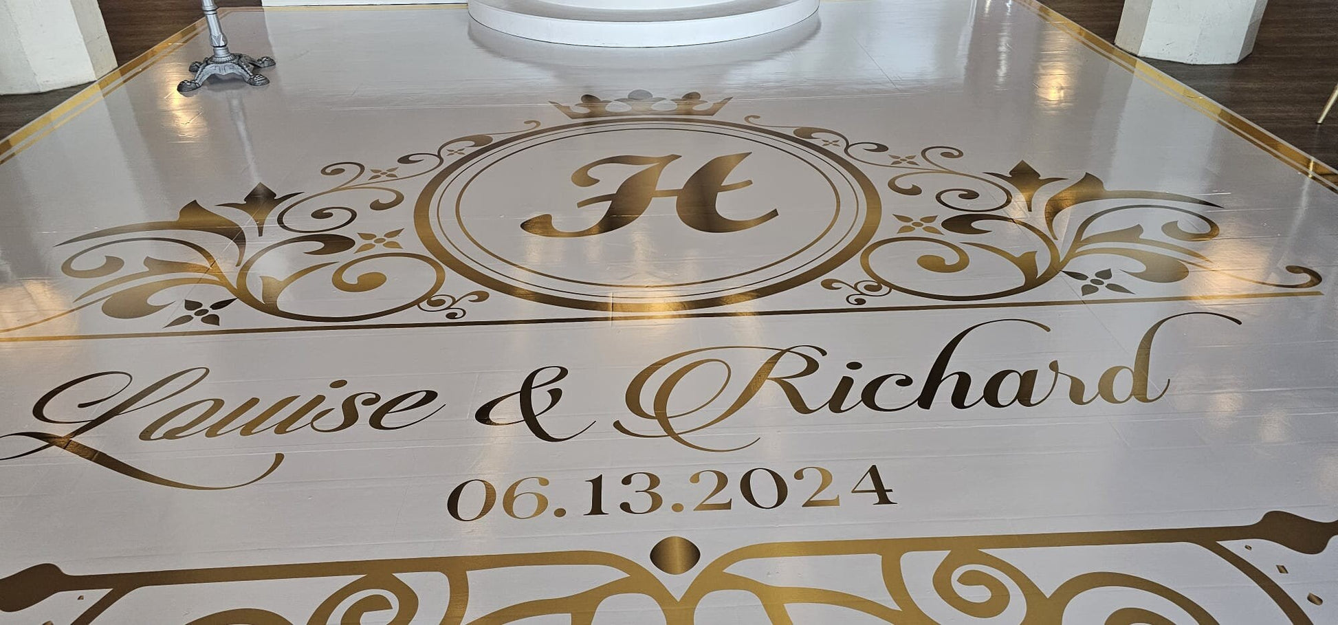 Custom Wedding Decal Dance Floor Wrap Gloss Removable Vinyl. Monogram Print and Vinyl to cover the entire dancefloor. Wedding logo design