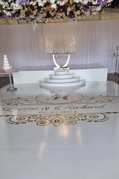 Custom Wedding Decal Dance Floor Wrap Gloss Removable Vinyl. Monogram Print and Vinyl to cover the entire dancefloor. Wedding logo design